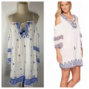 Tolani Small Sidney Cold Shoulder Floral Embroidered Tassel Dress White Boho